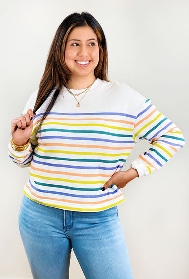 Z SUPPLY Yuna Striped Sweatshirt, white pullover with colorful stripes across pullover