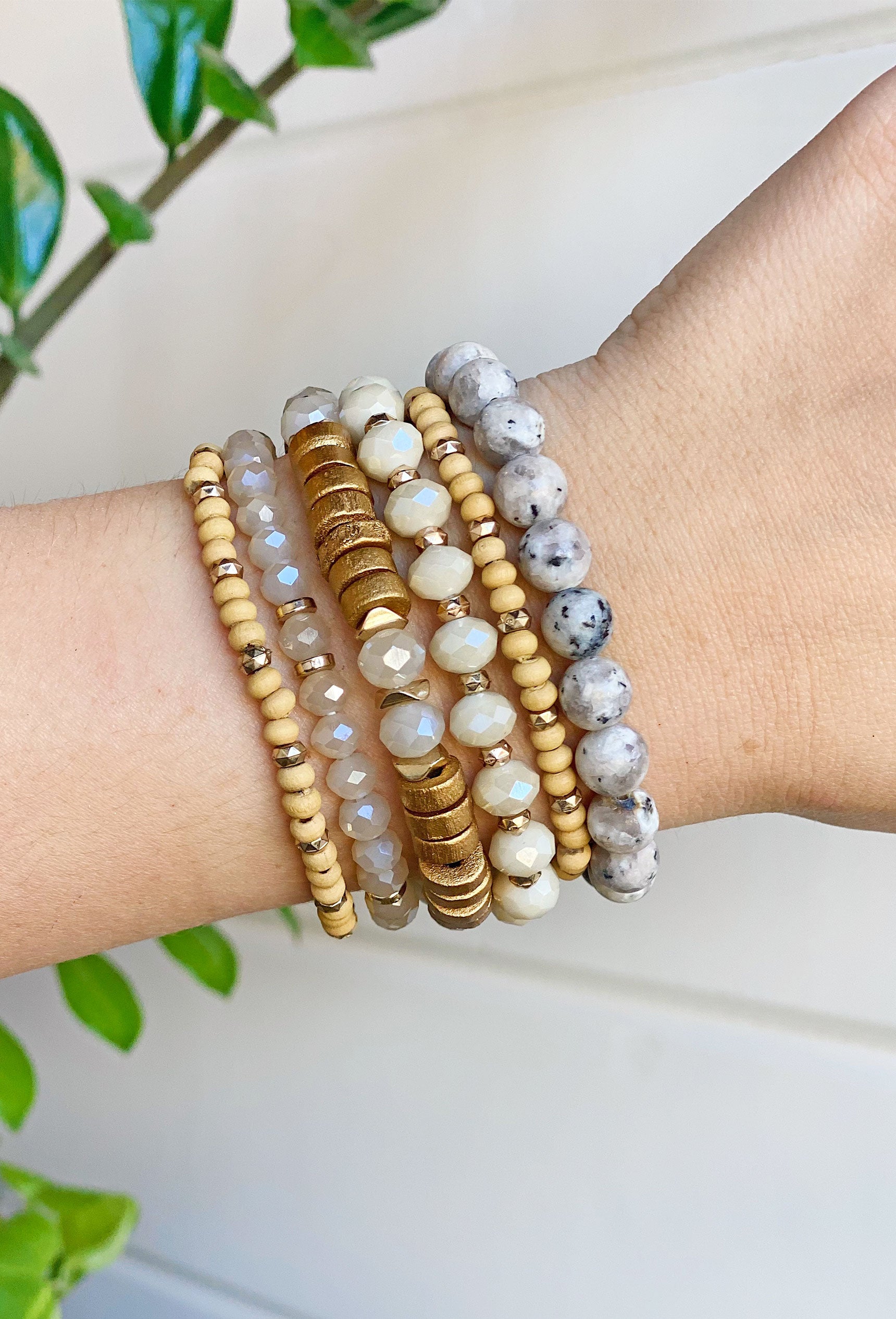 Zoey Bracelet Set in Neutral, set of 6, neutral colored beads mixed with gold