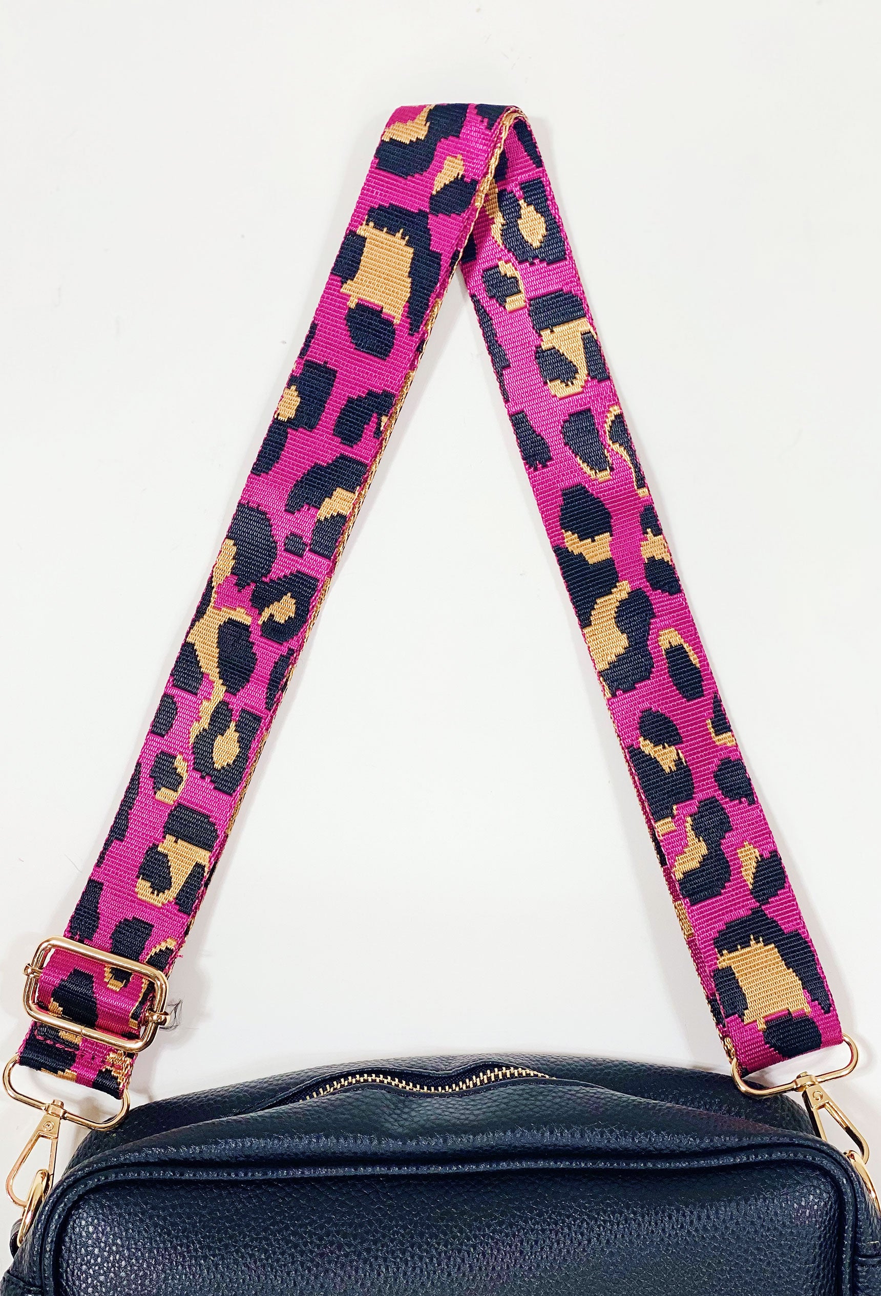 Crossbody Bag Shoulder Strap in Pink Leopard, pink bag strap, black and brown leopard print, adjustable, gold detailing