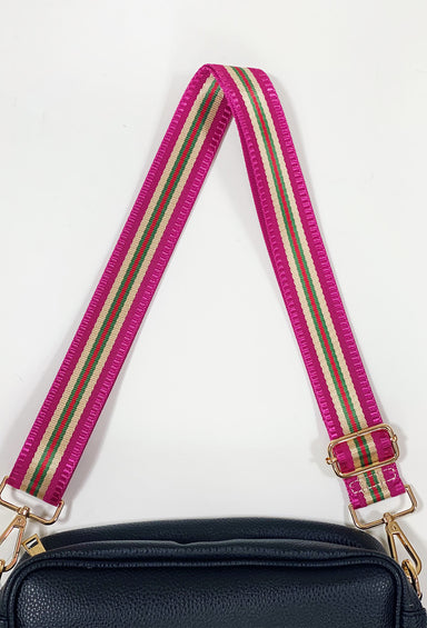 Crossbody Bag Shoulder Strap in Pink Stripe, pink, tan, green and red stripe going down middle of strap, adjustable, gold detailing 