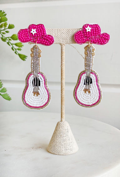 Guitar Beaded Drop Earrings, beaded earrings in the shape of a guitar with a pink cowgirl hat on top
