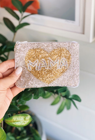 Mama Beaded Coin Pouch, white coin purse, fully beaded, gold heart shape on front with mama written on inside of heart
