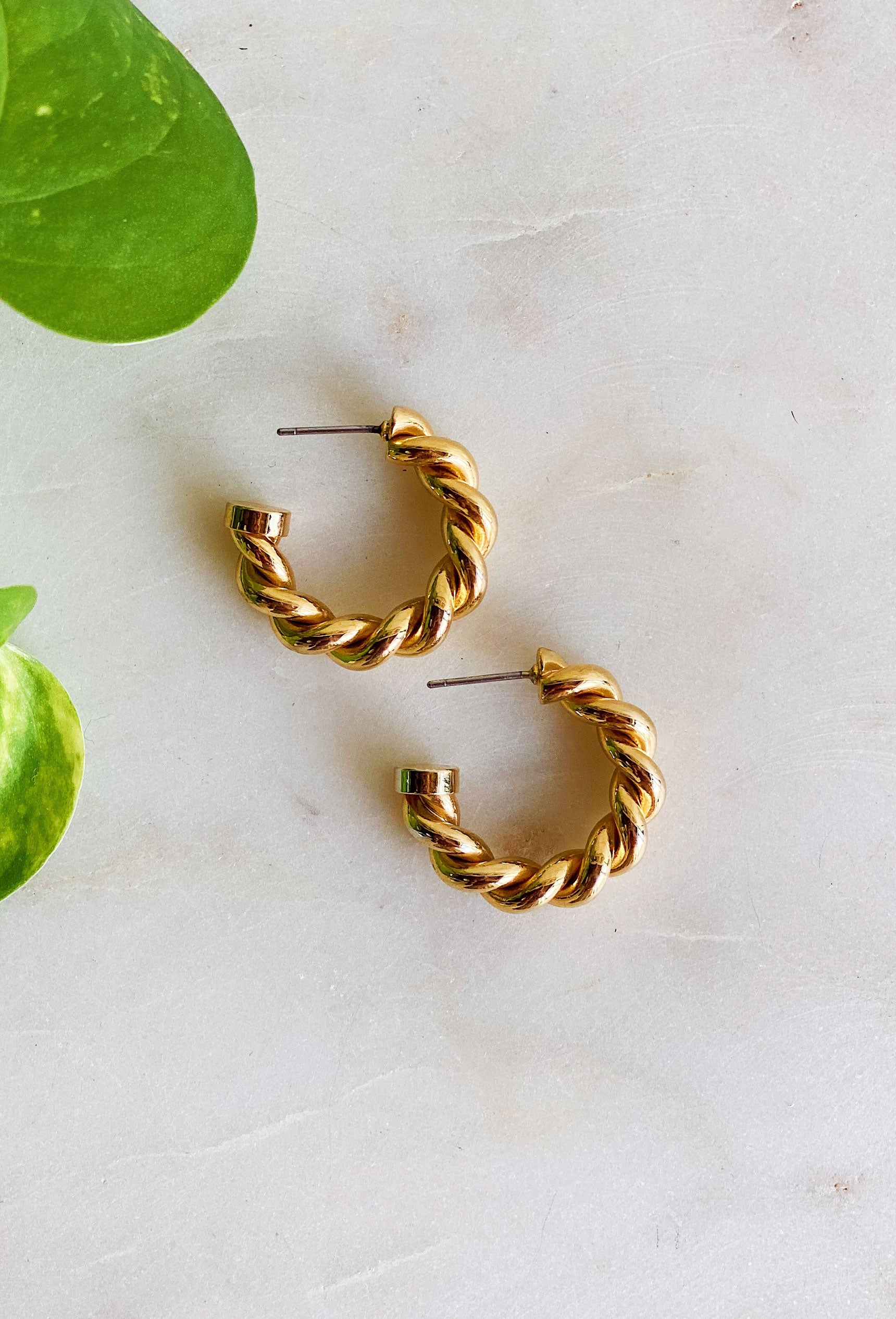 Mini Twisted Hoop Earrings, gold twisted small hoop earrings on post backing 