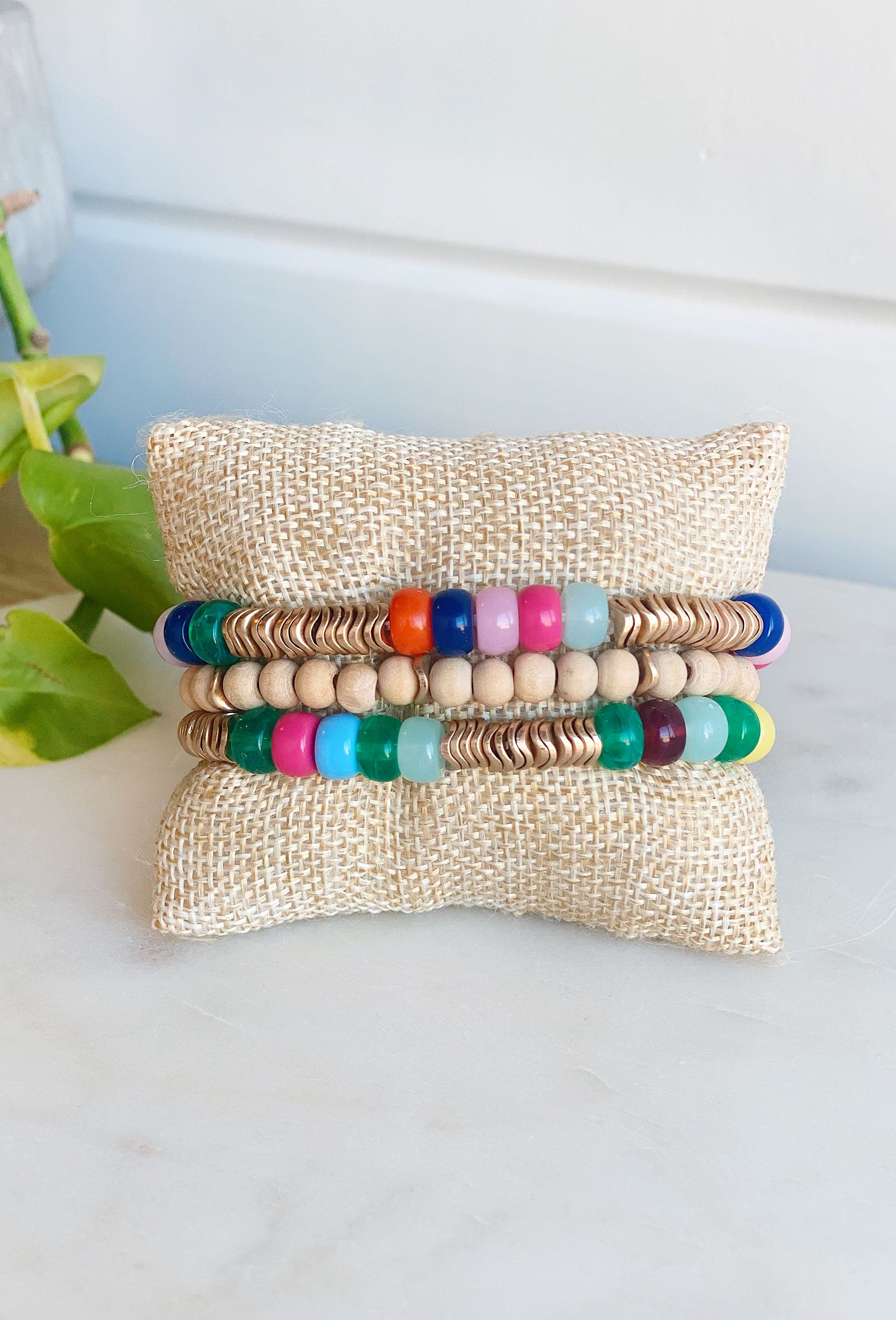 Radiate Positivity Bracelet Set, set of 3 bracelet sets, gold and colorful beads
