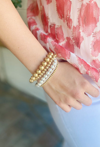 Stretchy Beaded Ball Bracelet Set in Matte mixed metals, set of 5, pull on styling, gold and silver beads