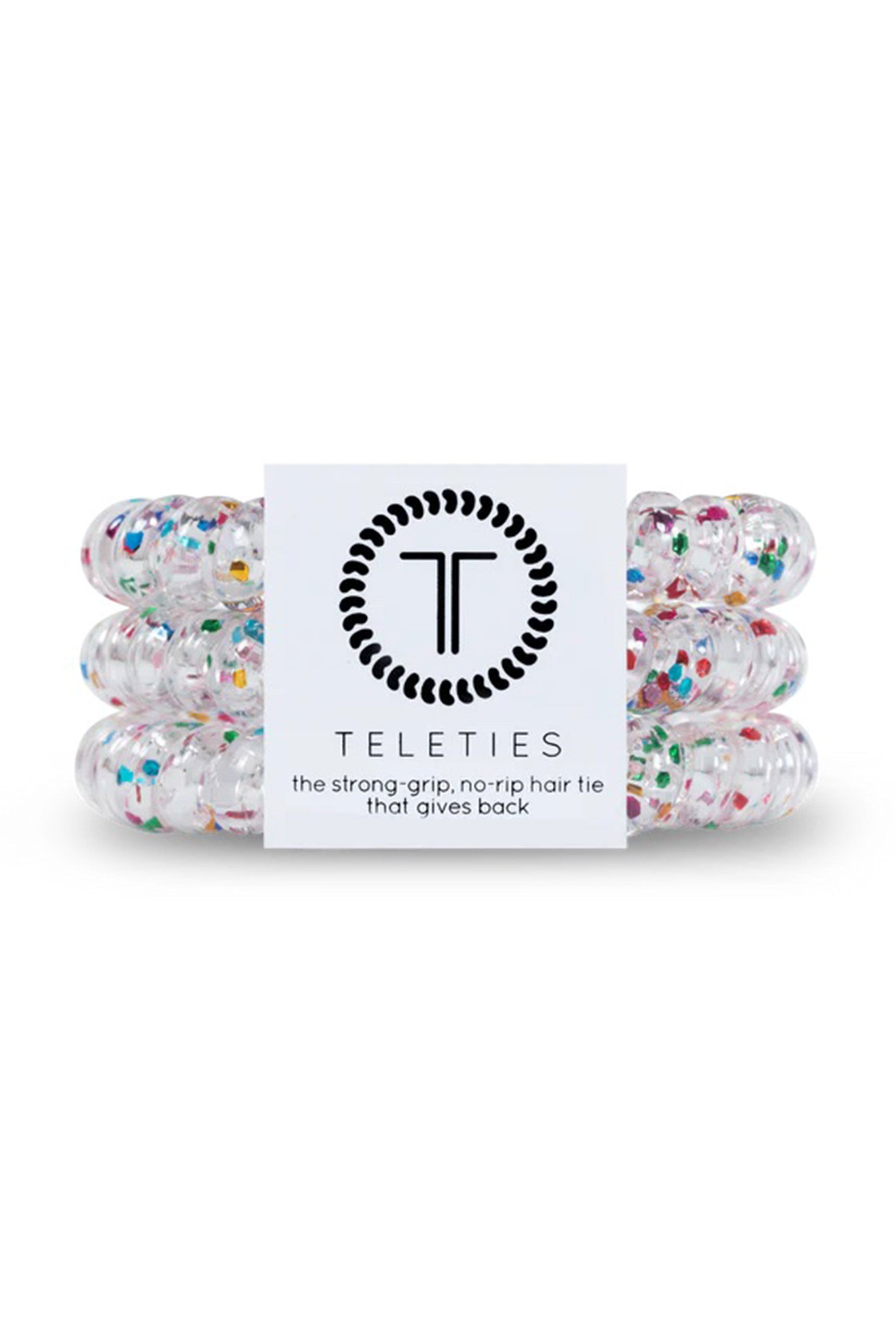 TELETIES Small Hair Ties - Party People, set of 3, coil style hair ties, clear with confetti