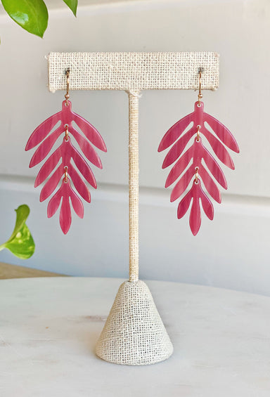 Under the Palm Trees Earrings in Mauve, hook earrings, mauve colored resin palm leaf earring